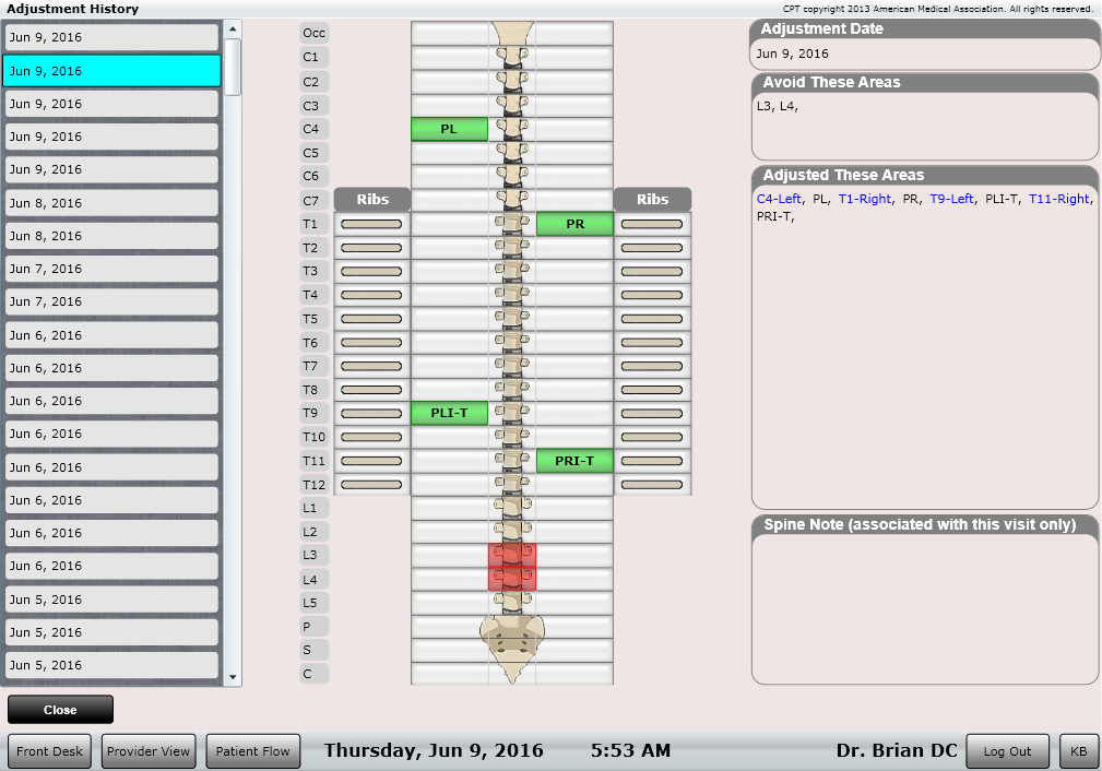 ChiroSpring Spinal Adjustments View Adjustment History
