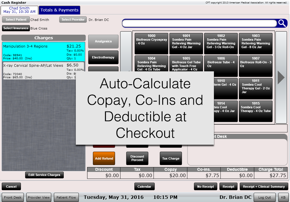 ChiroSpring Cash Register Auto Calculate Copay & Co-Insurance