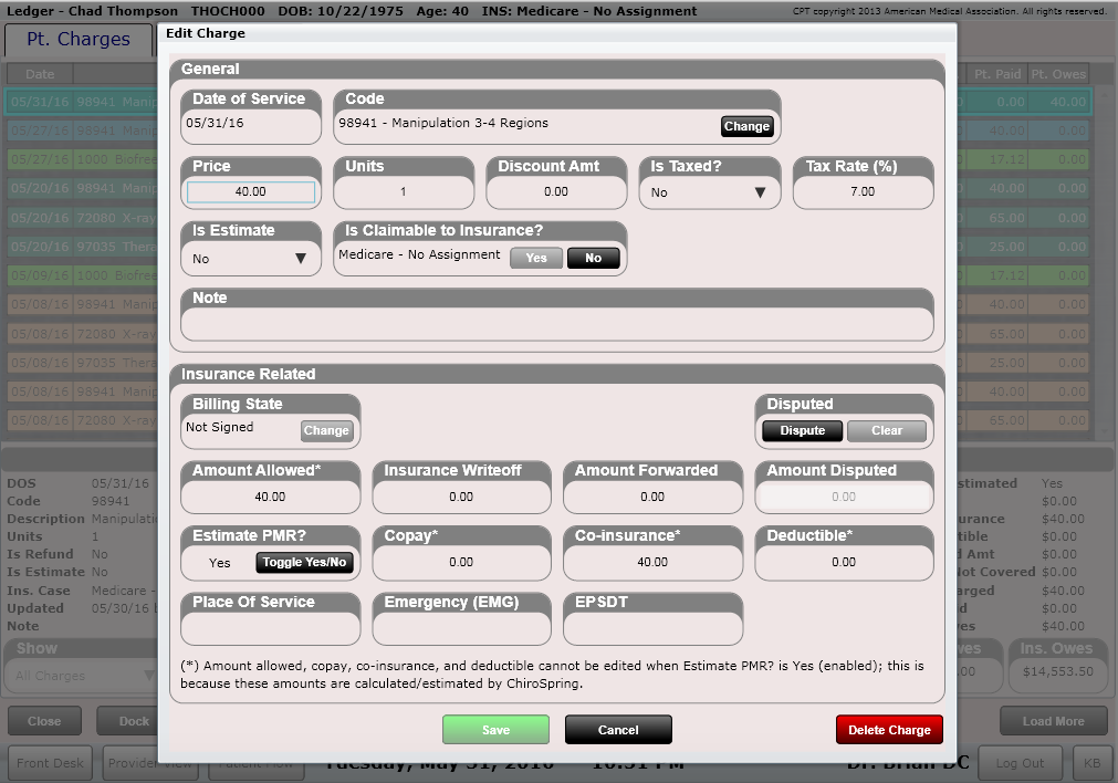 ChiroSpring Ledger Charges Tab