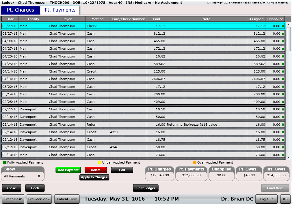 ChiroSpring Ledger Payments Tab