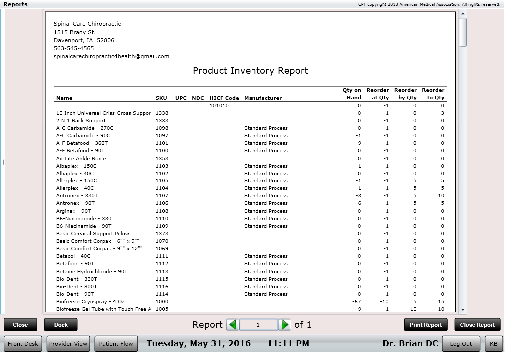 ChiroSpring Product Inventory Report