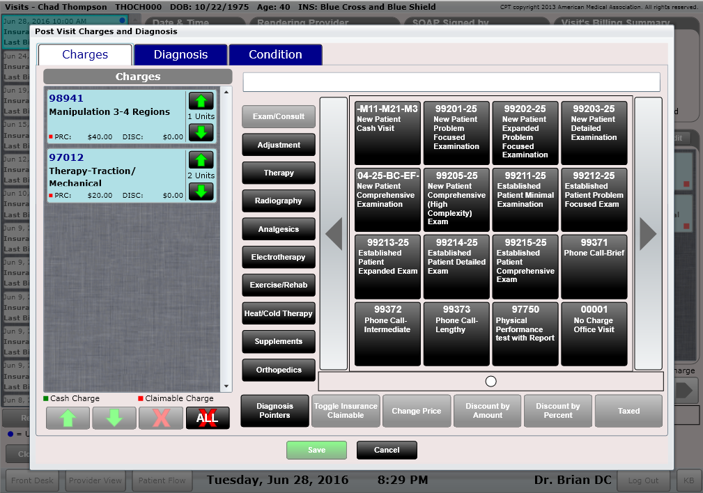 ChiroSpring Visits Edit Charges and Diagnosis