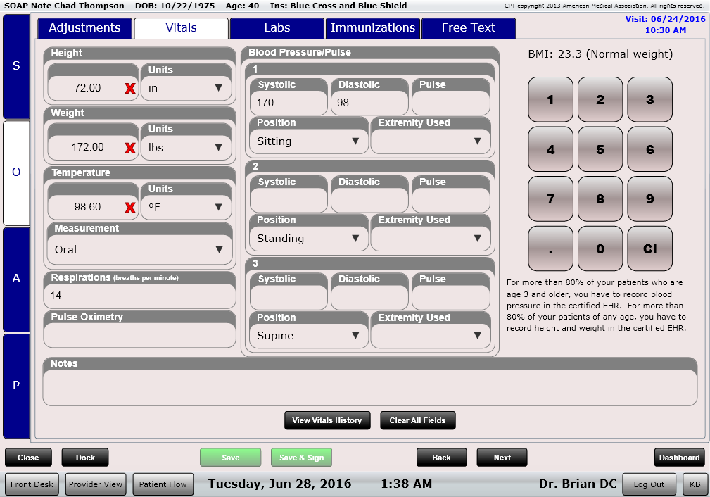 ChiroSpring Enter Vitals With Touch